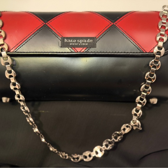 kate spade new york Black Red Colorblock Shoulder Bag Silver Hardware Chain Logo - Picture 2 of 9
